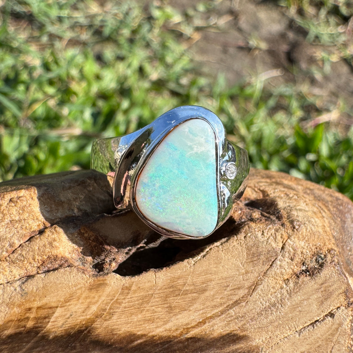 1.3ct Coober Pedy Opal Ring ~ 'Tessellated Pavement Greens' | 925 Sterling Silver | Solid Australian Opal