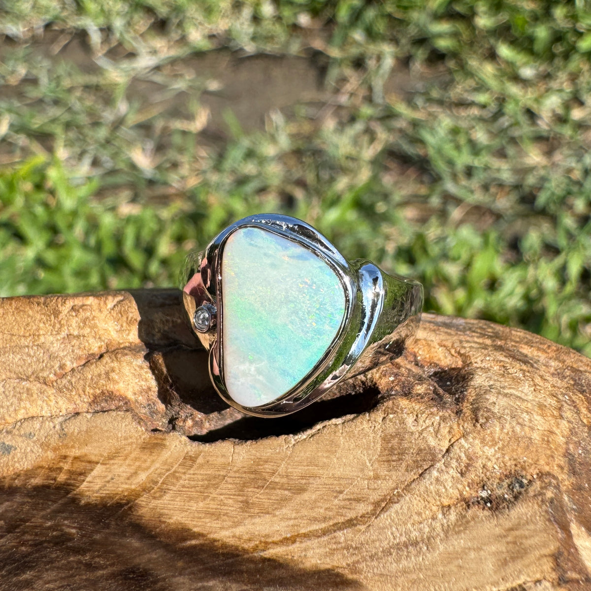 1.3ct Coober Pedy Opal Ring ~ 'Tessellated Pavement Greens' | 925 Sterling Silver | Solid Australian Opal