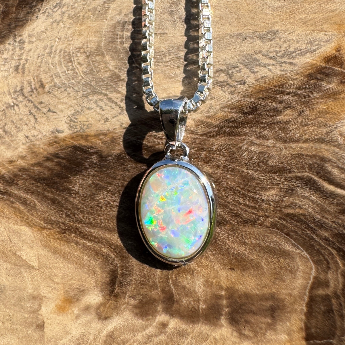 0.6ct Coober Pedy Opal Pendant Necklace ~ 'Ben Lomond Glow' | 14ct White Gold | Solid Australian Opal