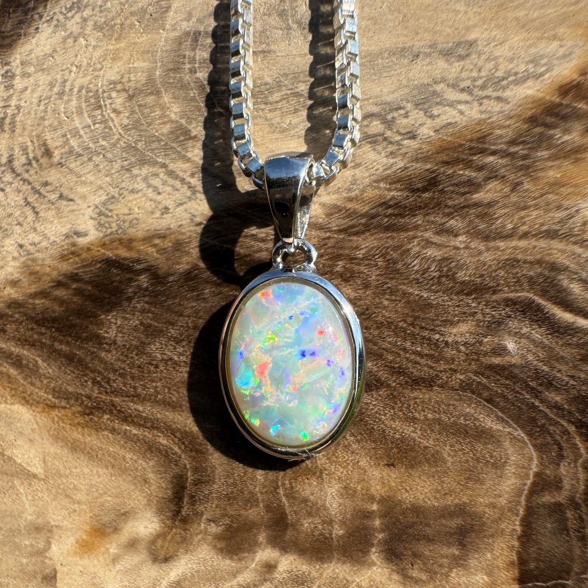0.6ct Coober Pedy Opal Pendant Necklace ~ 'Ben Lomond Glow' | 14ct White Gold | Solid Australian Opal