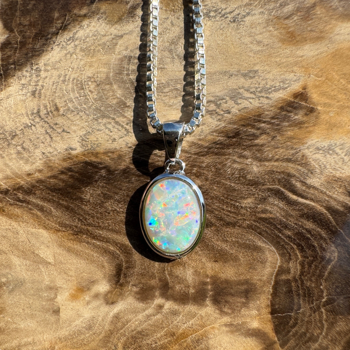 0.6ct Coober Pedy Opal Pendant Necklace ~ 'Ben Lomond Glow' | 14ct White Gold | Solid Australian Opal