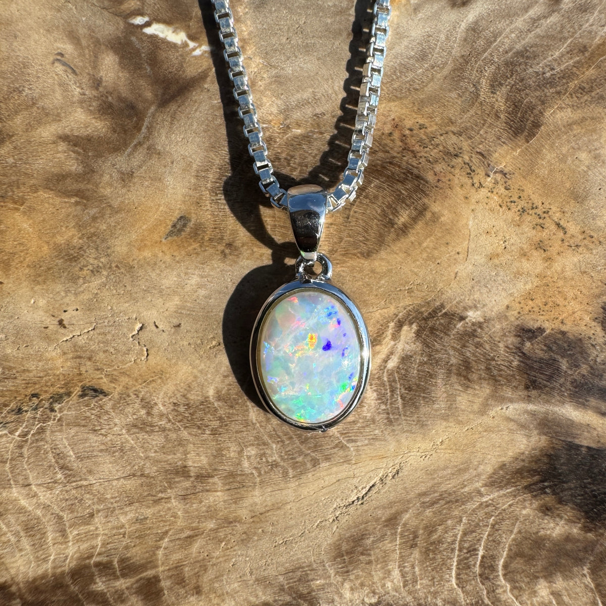0.6ct Coober Pedy Opal Pendant Necklace ~ 'Ben Lomond Glow' | 14ct White Gold | Solid Australian Opal