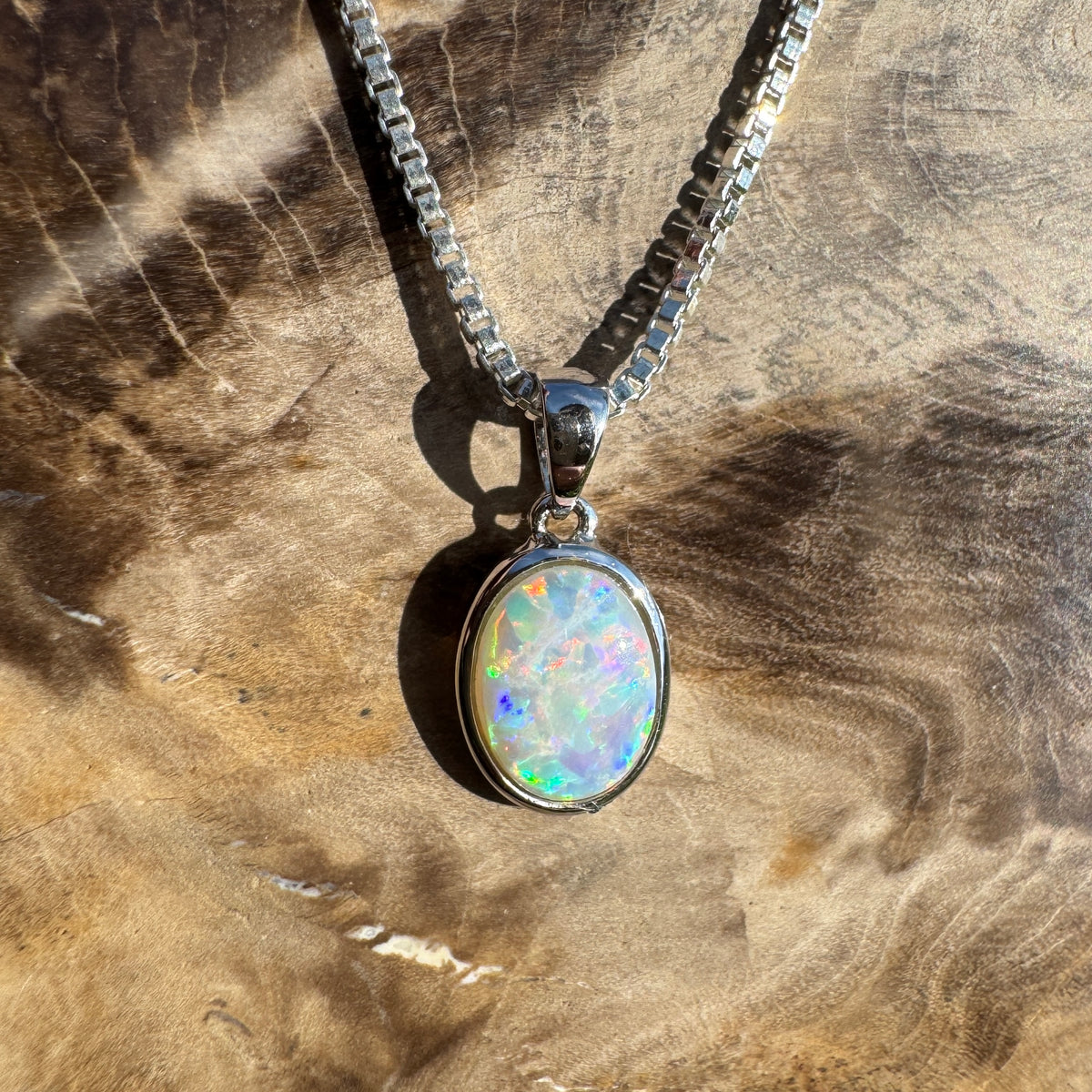 0.6ct Coober Pedy Opal Pendant Necklace ~ 'Ben Lomond Glow' | 14ct White Gold | Solid Australian Opal