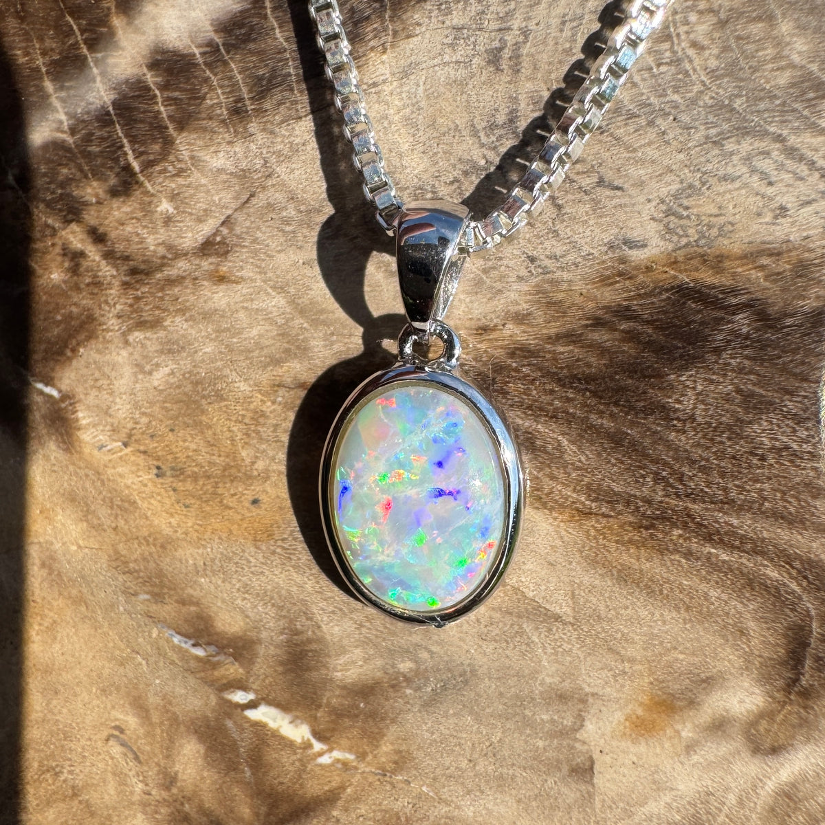 0.6ct Coober Pedy Opal Pendant Necklace ~ 'Ben Lomond Glow' | 14ct White Gold | Solid Australian Opal