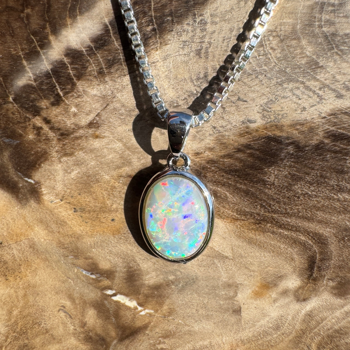 0.6ct Coober Pedy Opal Pendant Necklace ~ 'Ben Lomond Glow' | 14ct White Gold | Solid Australian Opal