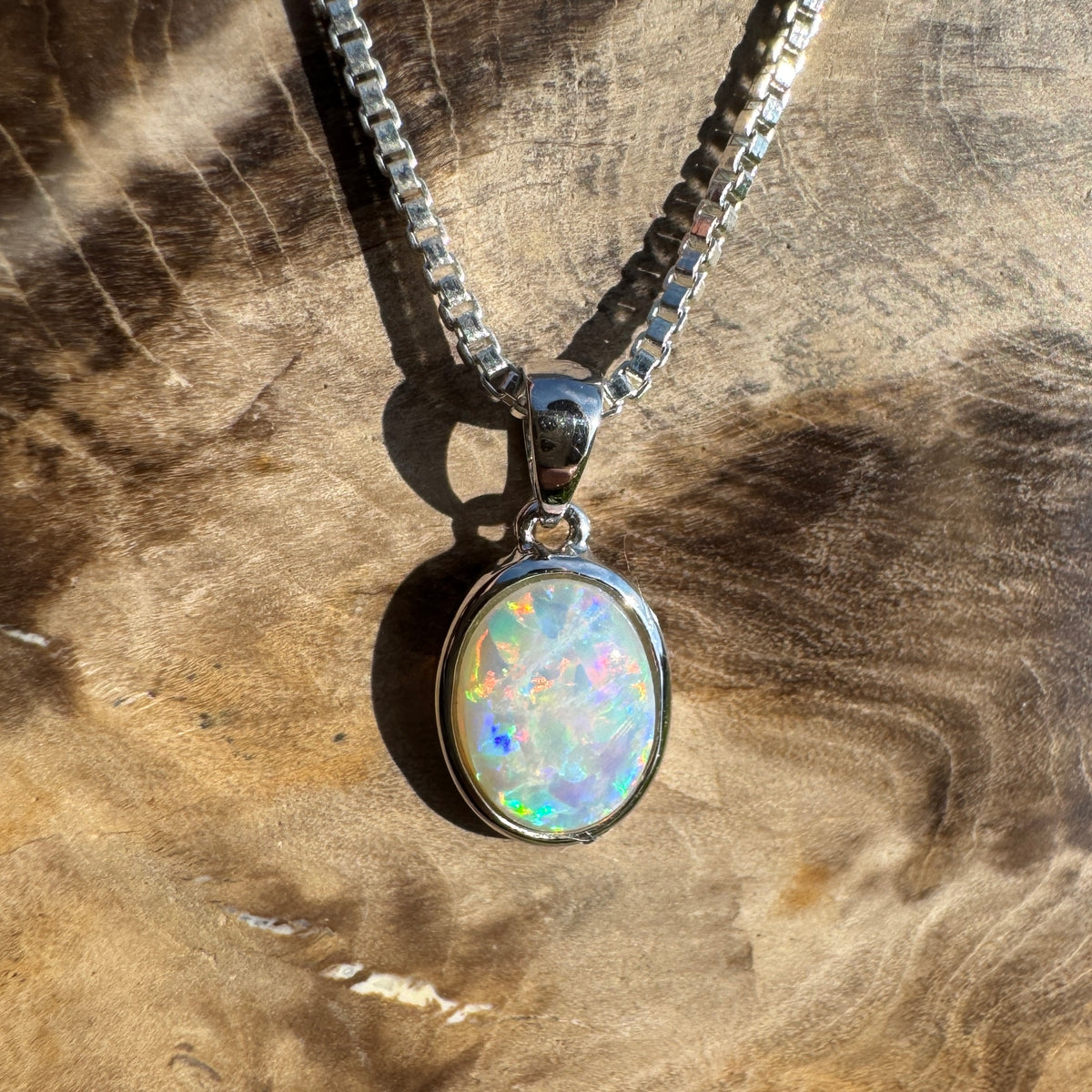 0.6ct Coober Pedy Opal Pendant Necklace ~ 'Ben Lomond Glow' | 14ct White Gold | Solid Australian Opal