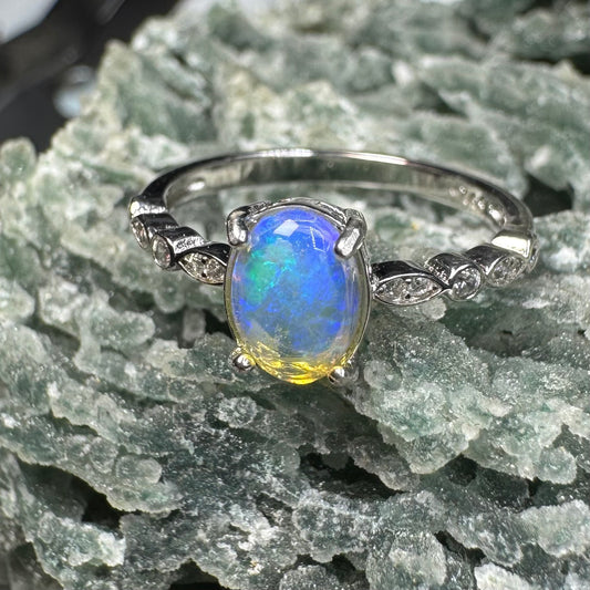 'Sapphire Waters' ~ Handcrafted 0.8ct Solid Lightning Ridge Opal and Cubic Zirconia Sterling Silver Ring Size L (6)