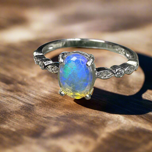 'Sapphire Waters' ~ Handcrafted 0.8ct Solid Lightning Ridge Opal and Cubic Zirconia Sterling Silver Ring Size L (6)