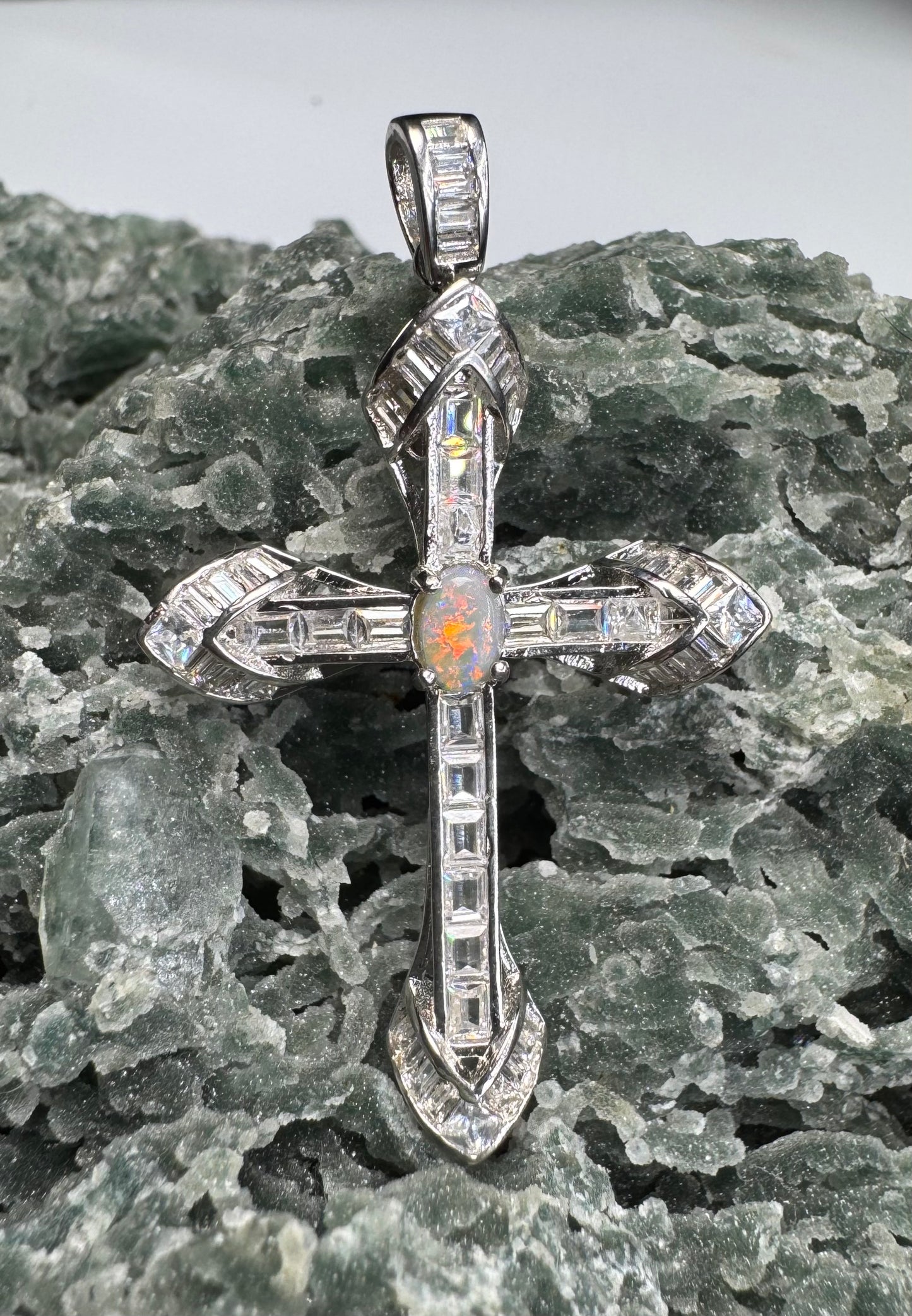 'Eternal Grace' ~ Handcrafted 0.6ct Solid Lightning Ridge Opal and Cubic Zirconia Sterling Silver Cross Pendant