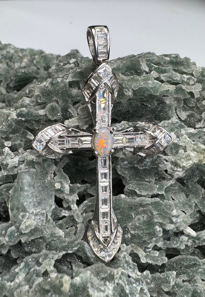 'Eternal Grace' ~ Handcrafted 0.6ct Solid Lightning Ridge Opal and Cubic Zirconia Sterling Silver Cross Pendant