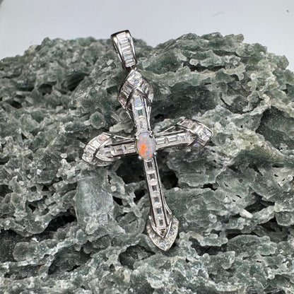 'Eternal Grace' ~ Handcrafted 0.6ct Solid Lightning Ridge Opal and Cubic Zirconia Sterling Silver Cross Pendant