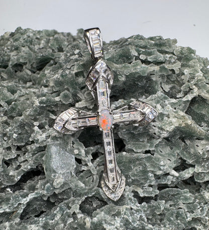 'Eternal Grace' ~ Handcrafted 0.6ct Solid Lightning Ridge Opal and Cubic Zirconia Sterling Silver Cross Pendant