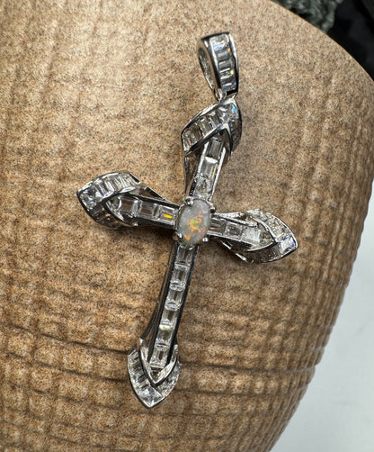 'Eternal Grace' ~ Handcrafted 0.6ct Solid Lightning Ridge Opal and Cubic Zirconia Sterling Silver Cross Pendant