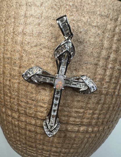 'Eternal Grace' ~ Handcrafted 0.6ct Solid Lightning Ridge Opal and Cubic Zirconia Sterling Silver Cross Pendant