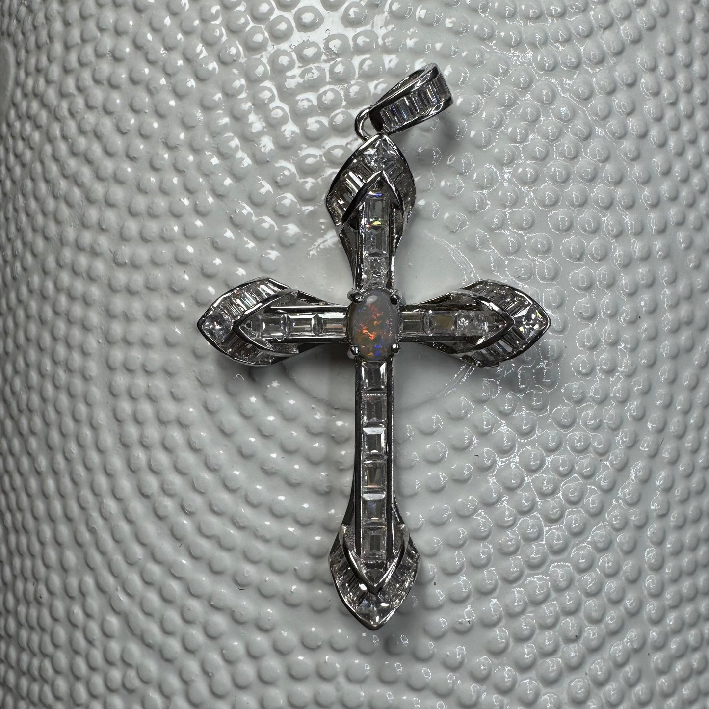 'Eternal Grace' ~ Handcrafted 0.6ct Solid Lightning Ridge Opal and Cubic Zirconia Sterling Silver Cross Pendant