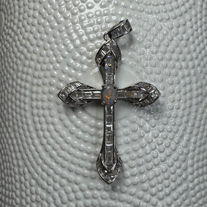 'Eternal Grace' ~ Handcrafted 0.6ct Solid Lightning Ridge Opal and Cubic Zirconia Sterling Silver Cross Pendant