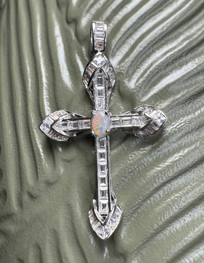 'Eternal Grace' ~ Handcrafted 0.6ct Solid Lightning Ridge Opal and Cubic Zirconia Sterling Silver Cross Pendant