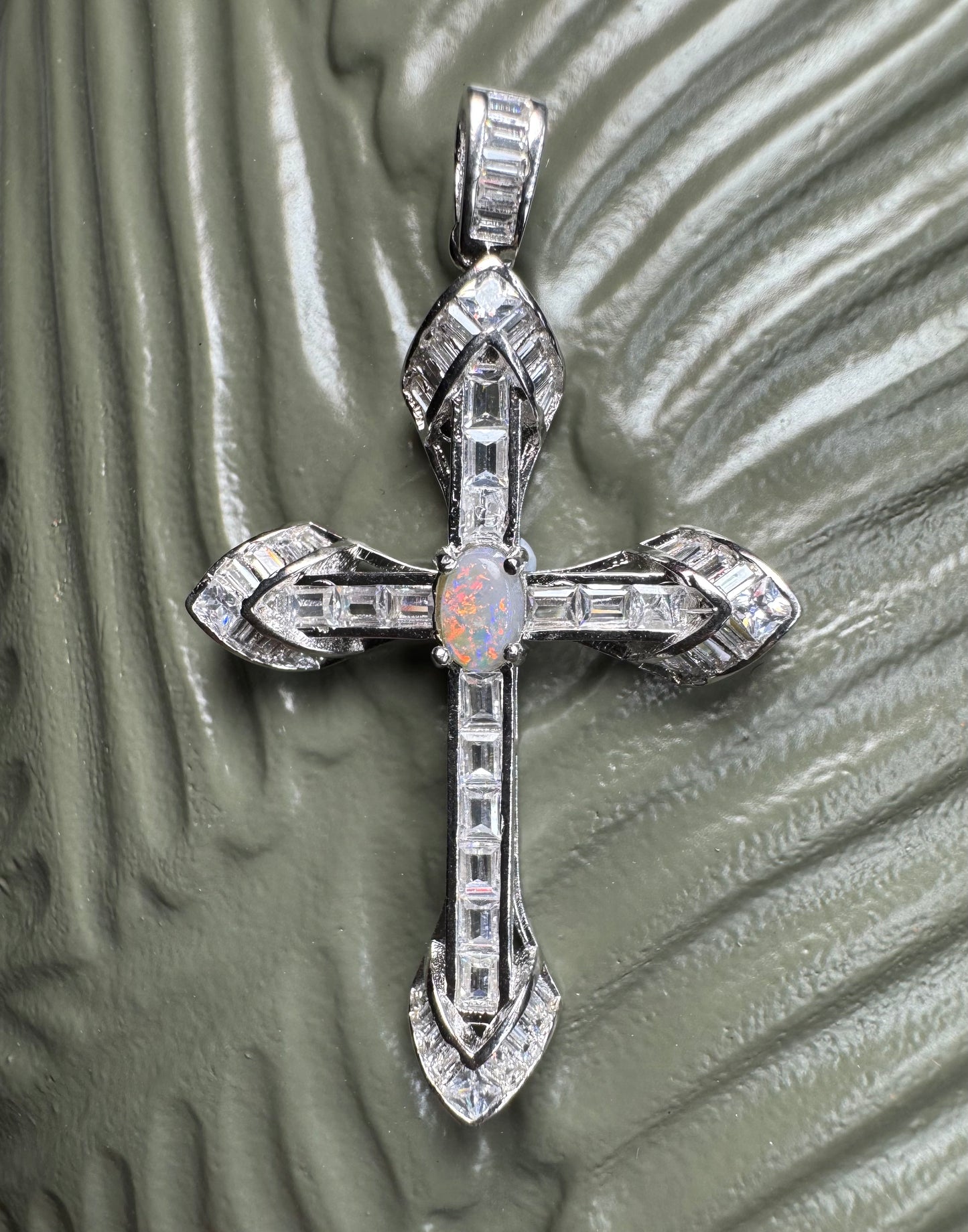 'Eternal Grace' ~ Handcrafted 0.6ct Solid Lightning Ridge Opal and Cubic Zirconia Sterling Silver Cross Pendant