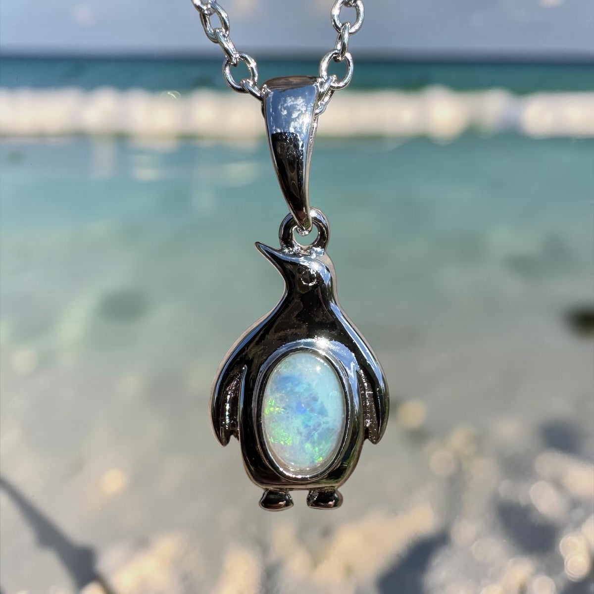 0.3ct Coober Pedy Opal Penguin Pendant Necklace ~ 'Lillico Beach Blues' | 925 Sterling Silver | Solid Australian Opal