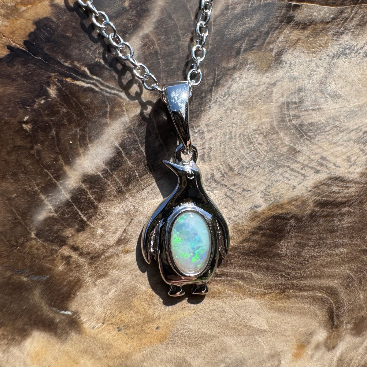 0.3ct Coober Pedy Opal Penguin Pendant Necklace ~ 'Lillico Beach Blues' | 925 Sterling Silver | Solid Australian Opal