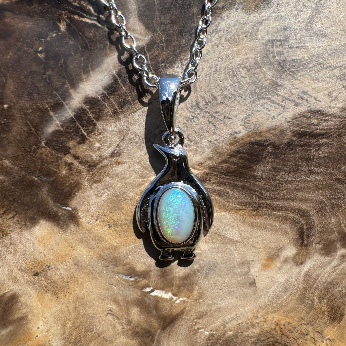 0.3ct Coober Pedy Opal Penguin Pendant Necklace ~ 'Low Head Shimmer' | 925 Sterling Silver | Solid Australian Opal