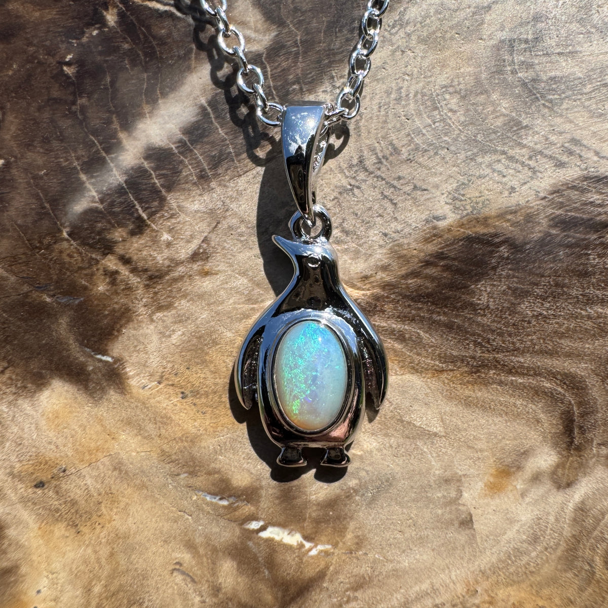 0.3ct Coober Pedy Opal Penguin Pendant Necklace ~ 'Low Head Shimmer' | 925 Sterling Silver | Solid Australian Opal