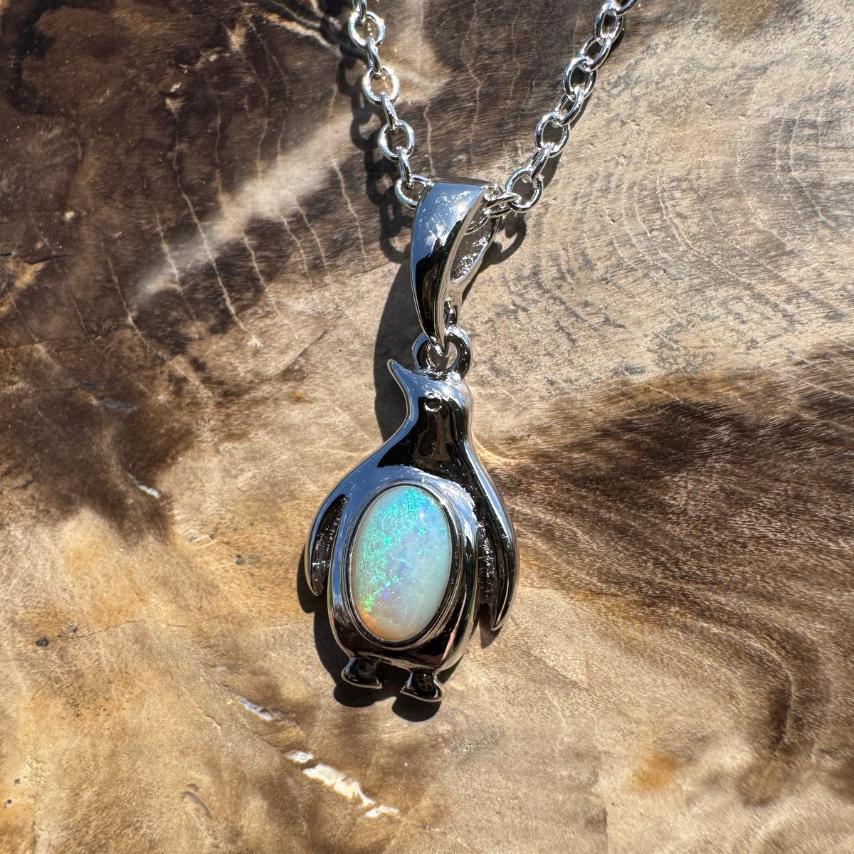 0.3ct Coober Pedy Opal Penguin Pendant Necklace ~ 'Low Head Shimmer' | 925 Sterling Silver | Solid Australian Opal