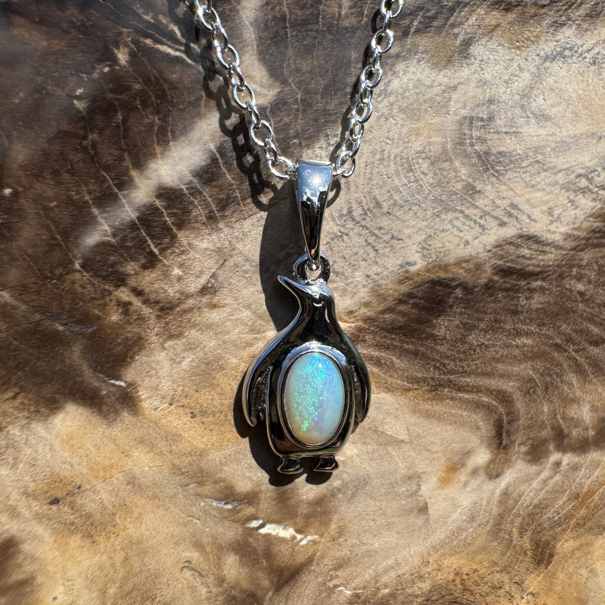 0.3ct Coober Pedy Opal Penguin Pendant Necklace ~ 'Low Head Shimmer' | 925 Sterling Silver | Solid Australian Opal