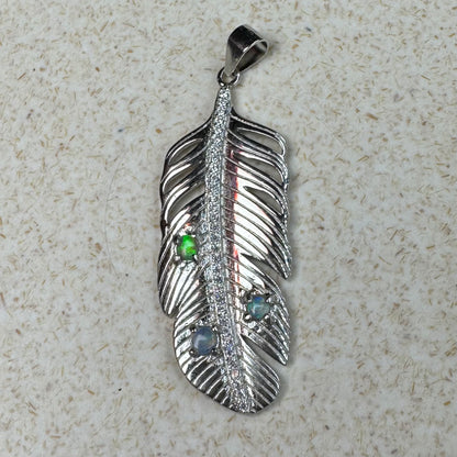 'Fern of Serenity' ~ Handcrafted 0.6ct Solid Lightning Ridge Opal and Cubic Zirconia Sterling Silver Fern Pendant Necklace