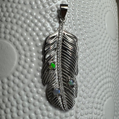 'Fern of Serenity' ~ Handcrafted 0.6ct Solid Lightning Ridge Opal and Cubic Zirconia Sterling Silver Fern Pendant Necklace