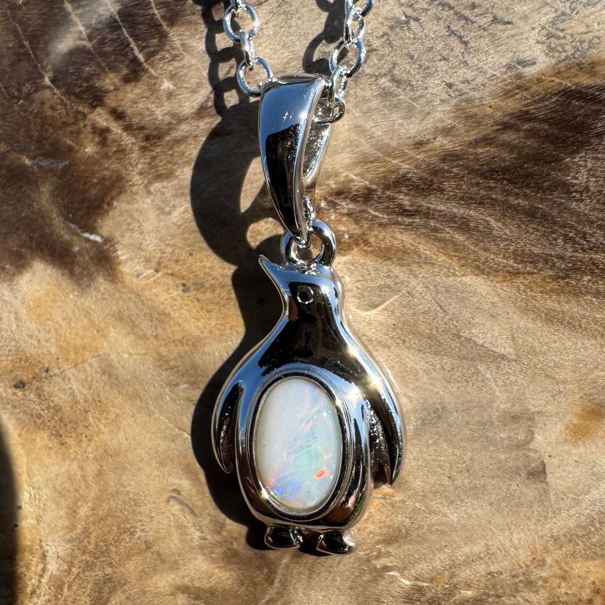 0.3ct Coober Pedy Opal Penguin Pendant Necklace ~ 'St Kilda Pier Glow' | 925 Sterling Silver | Solid Australian Opal