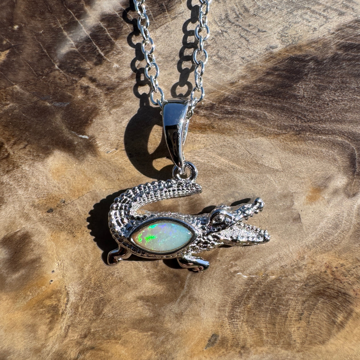 0.3ct Coober Pedy Opal Crocodile Pendant Necklace ~ 'Mary River Glow' | 925 Sterling Silver | Solid Australian Opal