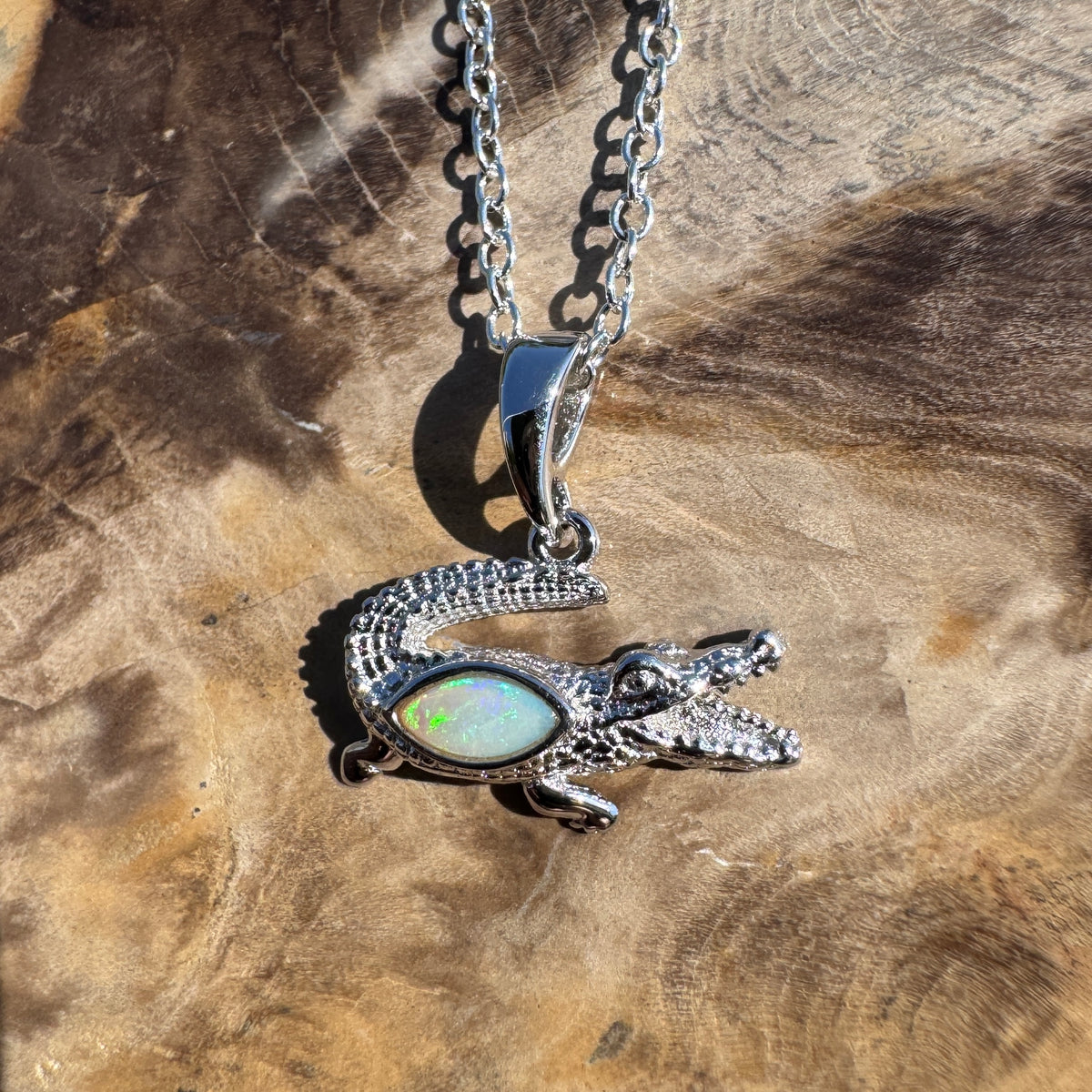 0.3ct Coober Pedy Opal Crocodile Pendant Necklace ~ 'Mary River Glow' | 925 Sterling Silver | Solid Australian Opal