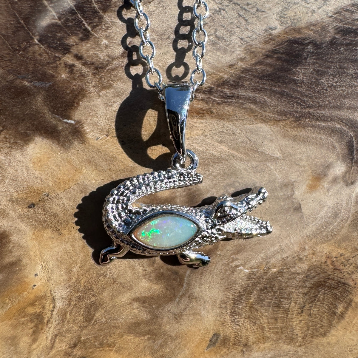 0.3ct Coober Pedy Opal Crocodile Pendant Necklace ~ 'Mary River Glow' | 925 Sterling Silver | Solid Australian Opal