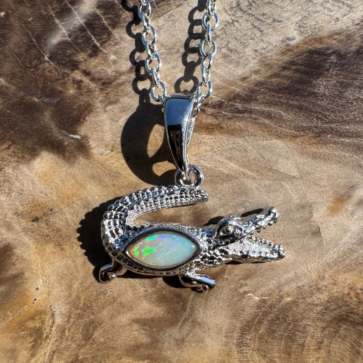 0.3ct Coober Pedy Opal Crocodile Pendant Necklace ~ 'Mary River Glow' | 925 Sterling Silver | Solid Australian Opal