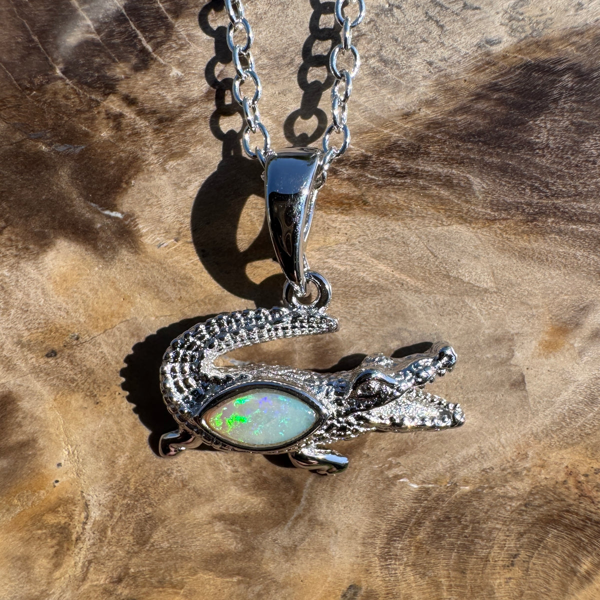 0.3ct Coober Pedy Opal Crocodile Pendant Necklace ~ 'Mary River Glow' | 925 Sterling Silver | Solid Australian Opal