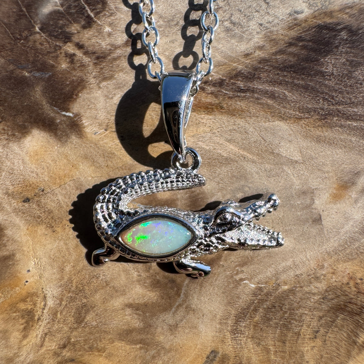 0.3ct Coober Pedy Opal Crocodile Pendant Necklace ~ 'Mary River Glow' | 925 Sterling Silver | Solid Australian Opal