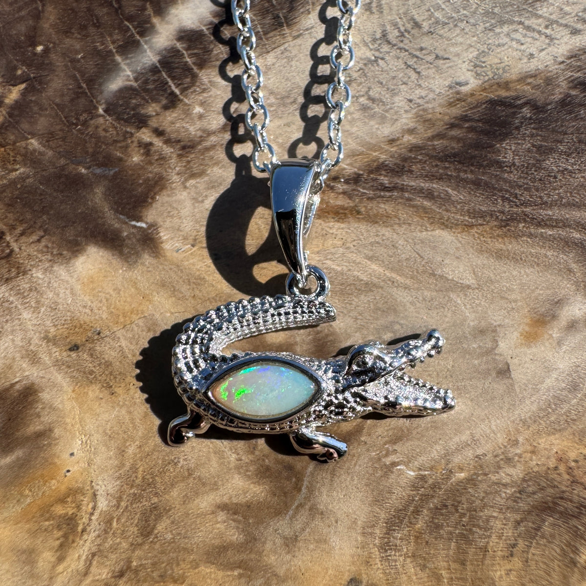 0.3ct Coober Pedy Opal Crocodile Pendant Necklace ~ 'Mary River Glow' | 925 Sterling Silver | Solid Australian Opal
