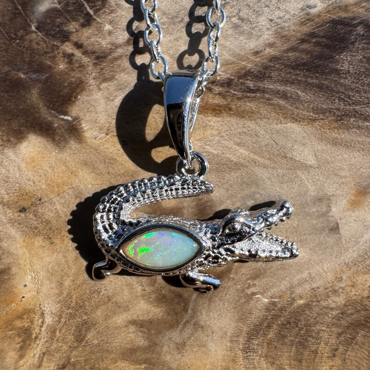 0.3ct Coober Pedy Opal Crocodile Pendant Necklace ~ 'Mary River Glow' | 925 Sterling Silver | Solid Australian Opal