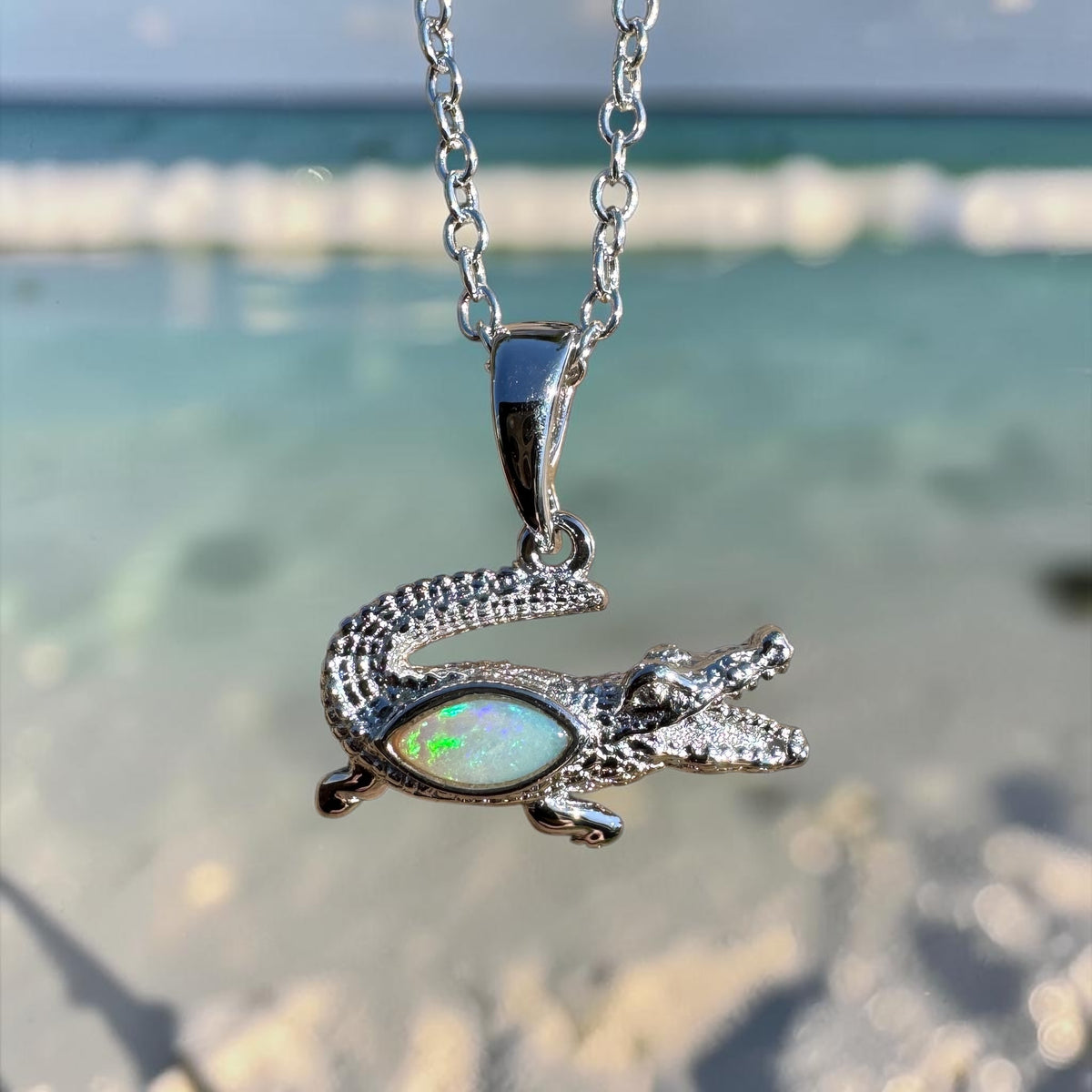 0.3ct Coober Pedy Opal Crocodile Pendant Necklace ~ 'Mary River Glow' | 925 Sterling Silver | Solid Australian Opal