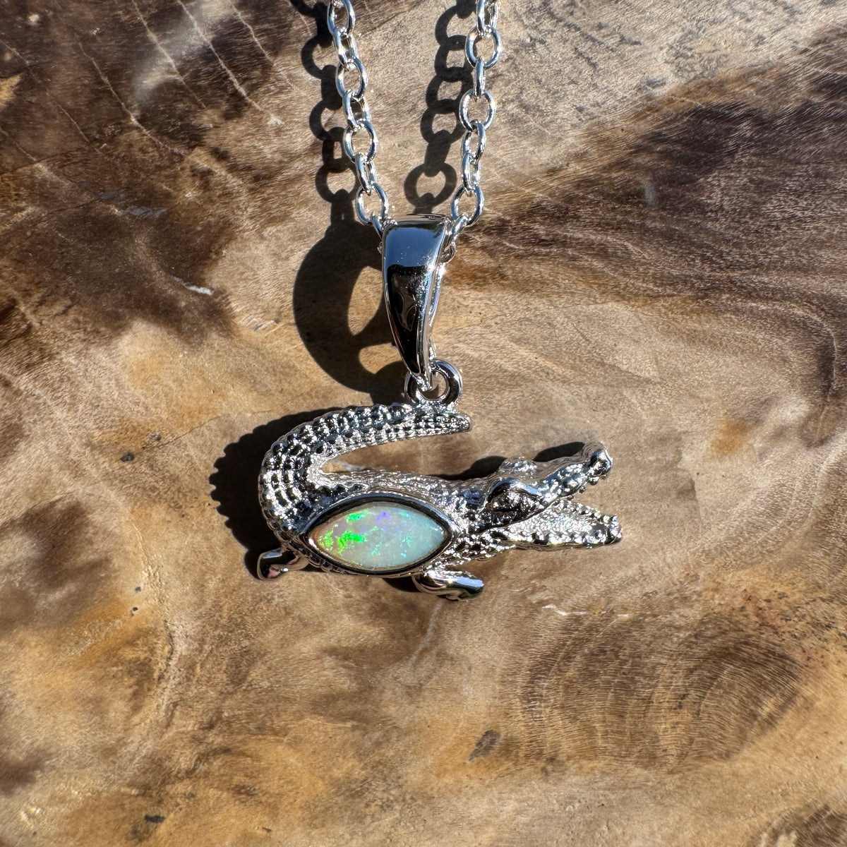 0.3ct Coober Pedy Opal Crocodile Pendant Necklace ~ 'Mary River Glow' | 925 Sterling Silver | Solid Australian Opal