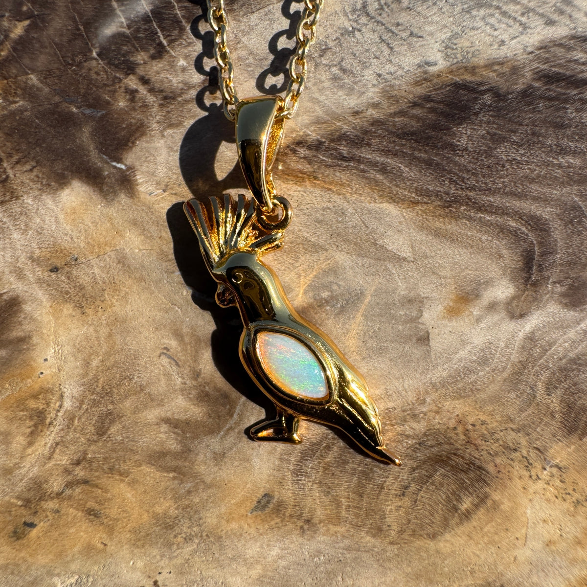 0.3ct Coober Pedy Opal Cockatoo Pendant Necklace ~ 'Blackdown Tableland Glow' | Yellow Gold Coated 925 Sterling Silver | Solid Australian Opal
