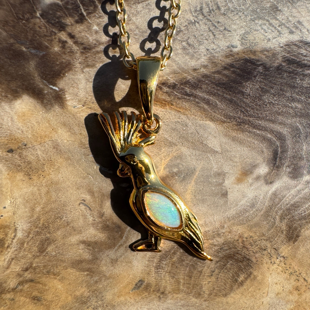 0.3ct Coober Pedy Opal Cockatoo Pendant Necklace ~ 'Blackdown Tableland Glow' | Yellow Gold Coated 925 Sterling Silver | Solid Australian Opal