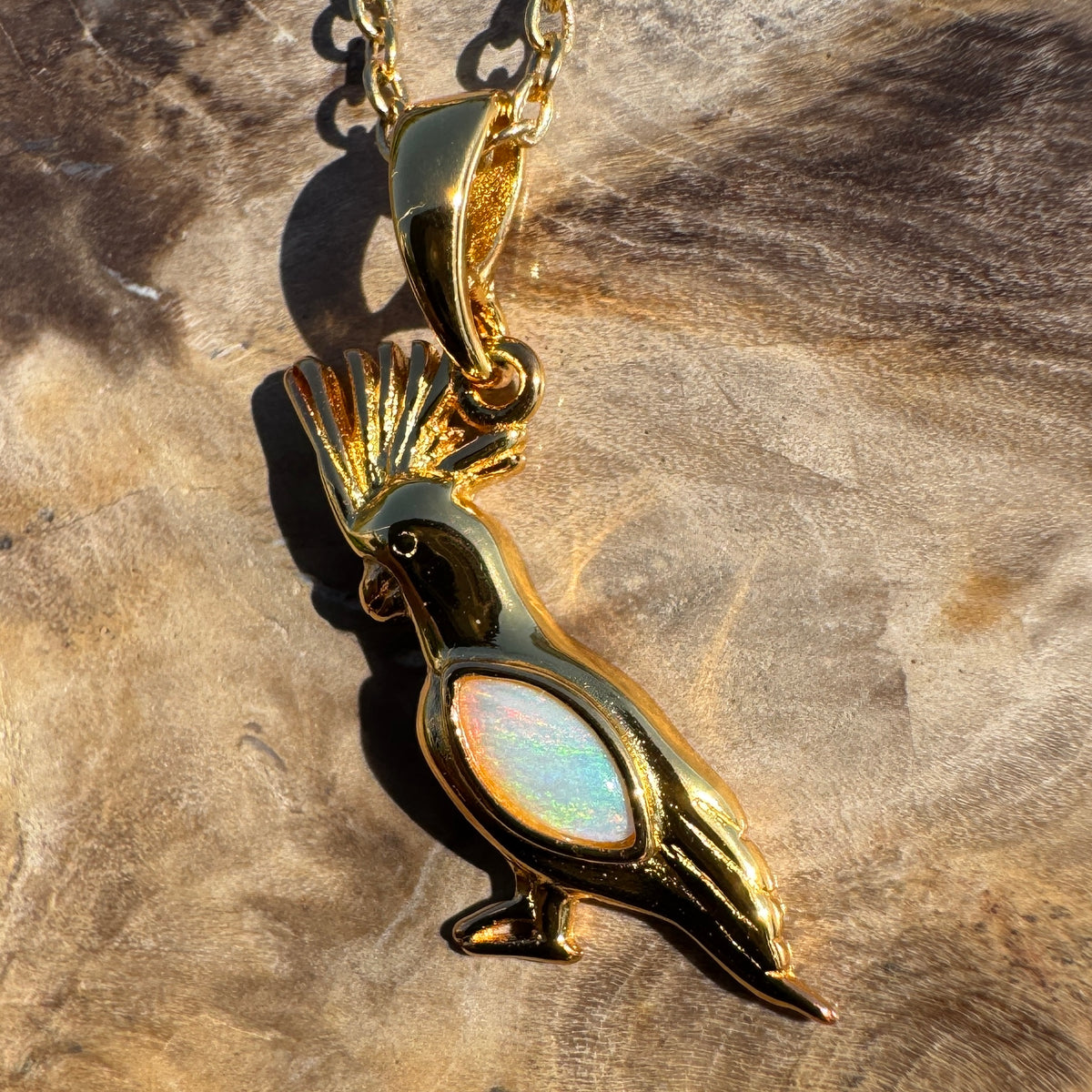 0.3ct Coober Pedy Opal Cockatoo Pendant Necklace ~ 'Blackdown Tableland Glow' | Yellow Gold Coated 925 Sterling Silver | Solid Australian Opal