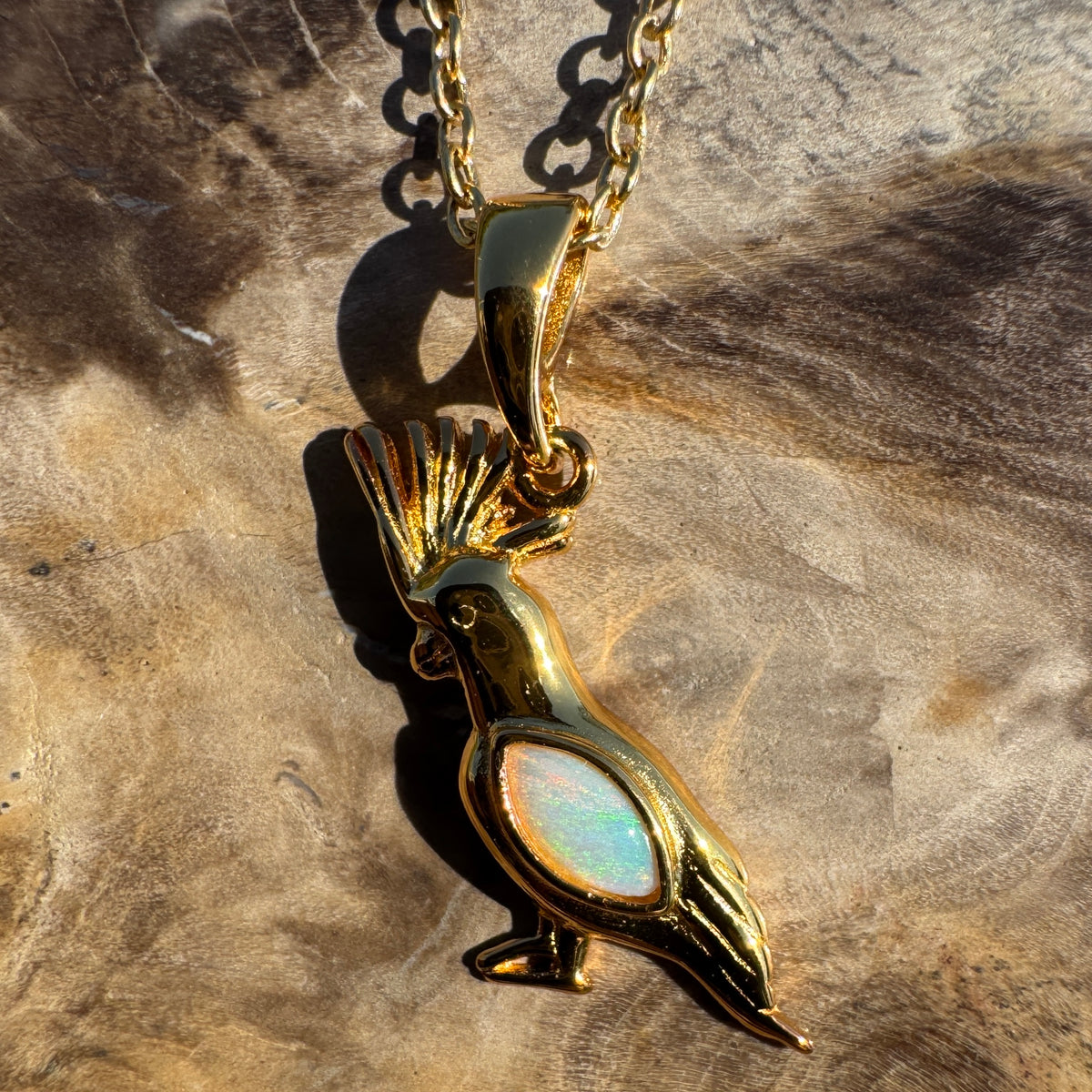 0.3ct Coober Pedy Opal Cockatoo Pendant Necklace ~ 'Blackdown Tableland Glow' | Yellow Gold Coated 925 Sterling Silver | Solid Australian Opal