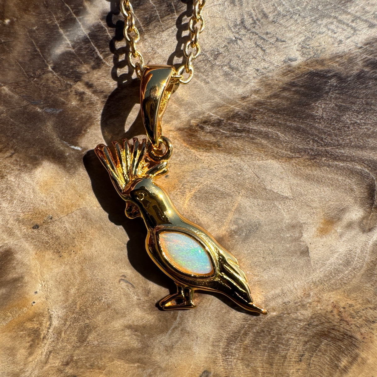0.3ct Coober Pedy Opal Cockatoo Pendant Necklace ~ 'Blackdown Tableland Glow' | Yellow Gold Coated 925 Sterling Silver | Solid Australian Opal
