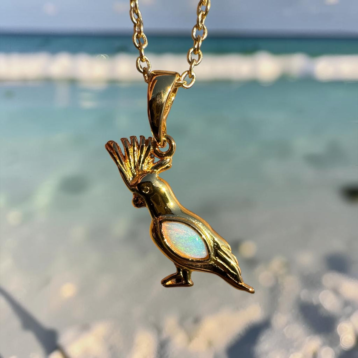 0.3ct Coober Pedy Opal Cockatoo Pendant Necklace ~ 'Blackdown Tableland Glow' | Yellow Gold Coated 925 Sterling Silver | Solid Australian Opal
