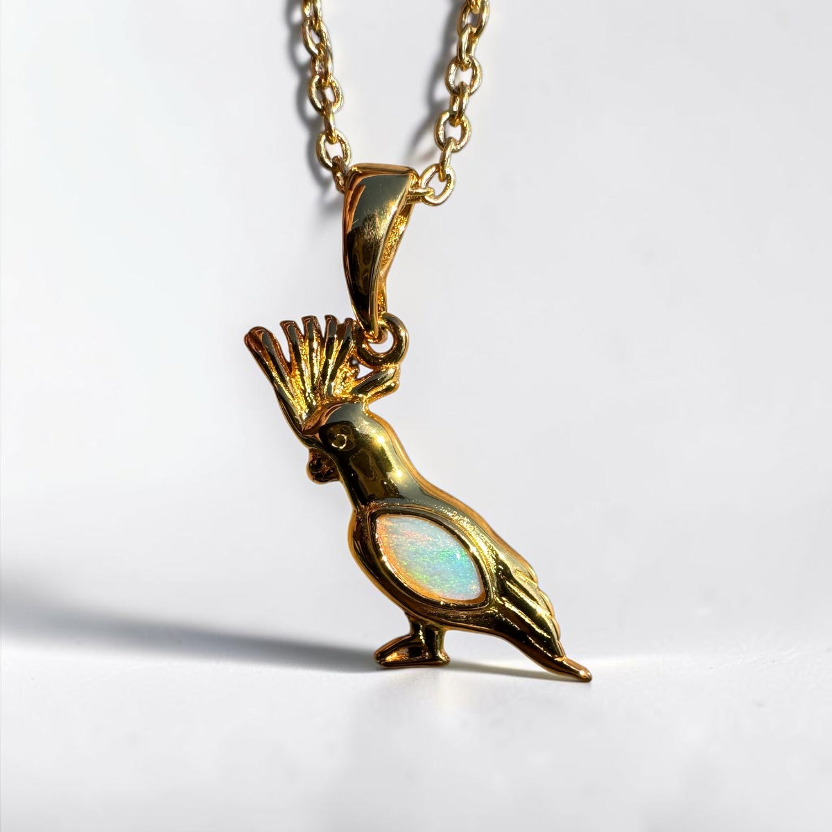 0.3ct Coober Pedy Opal Cockatoo Pendant Necklace ~ 'Blackdown Tableland Glow' | Yellow Gold Coated 925 Sterling Silver | Solid Australian Opal