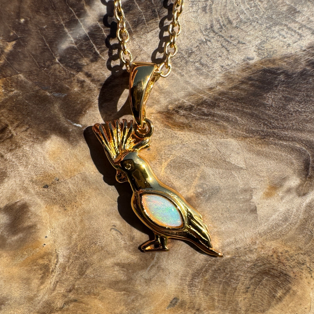 0.3ct Coober Pedy Opal Cockatoo Pendant Necklace ~ 'Blackdown Tableland Glow' | Yellow Gold Coated 925 Sterling Silver | Solid Australian Opal