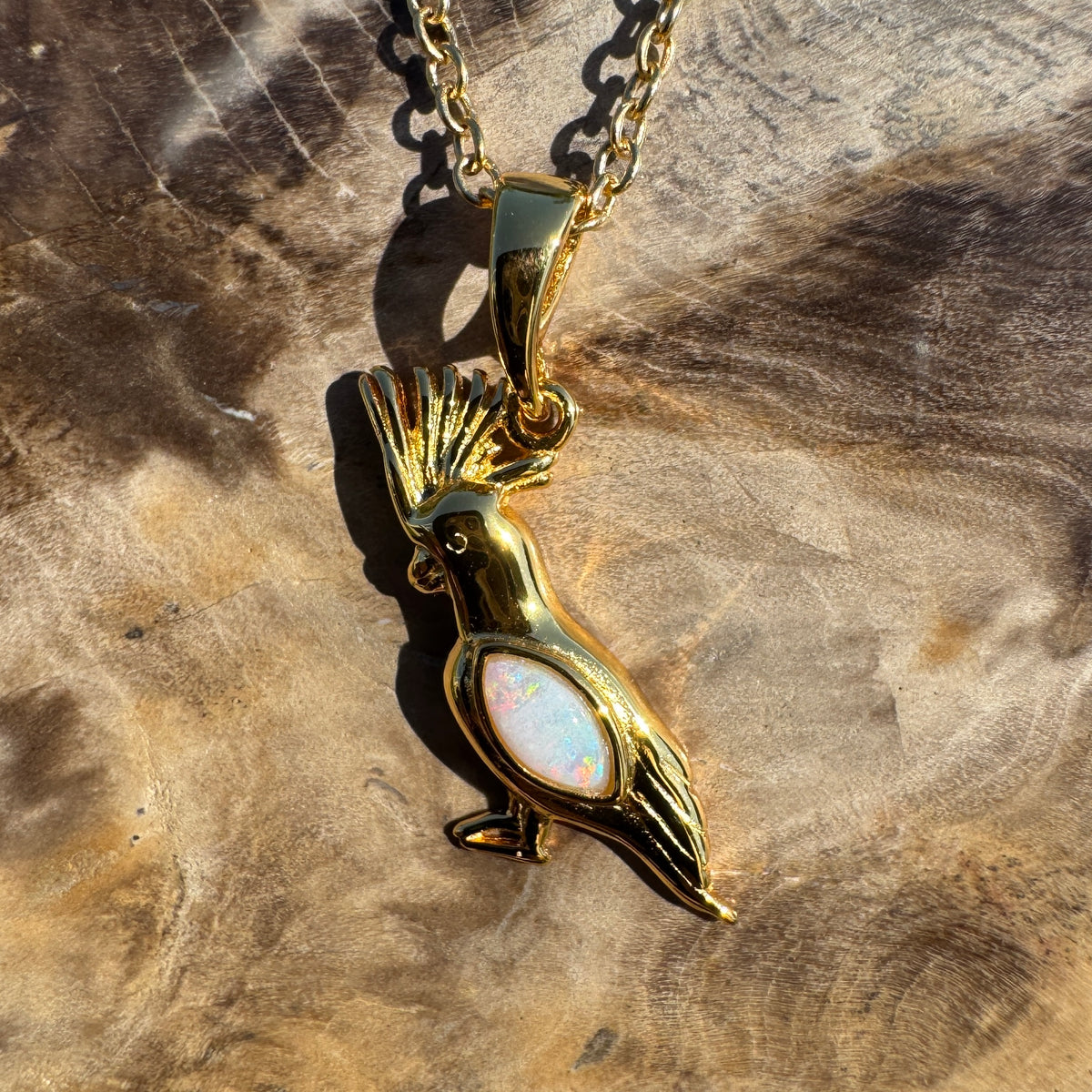 0.3ct Coober Pedy Opal Cockatoo Pendant Necklace ~ 'Kings Park Glow' | Yellow Gold Coated 925 Sterling Silver | Solid Australian Opal